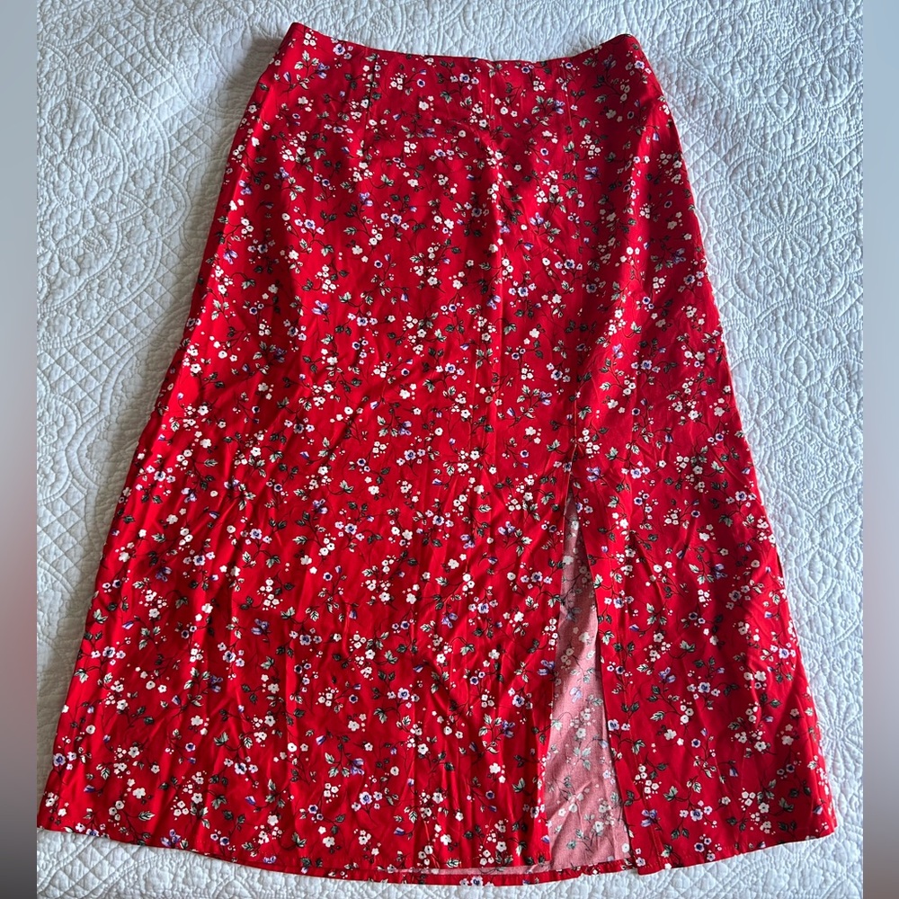 Reitmans Red Ditsy Floral A Line Midi Skirt with Slit